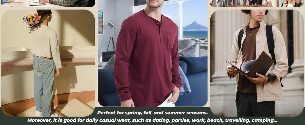 Henry Neck Long Sleeves Men's High Quality Cotton Henley Shirts Casual Button T-Shirt with Pocket Placket Fitted Tees