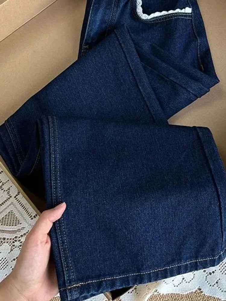 جينز بقصة مستقيمة كاجوال، ملابس شارع، جينز أزرق عتيق مخيط بالدانتيل