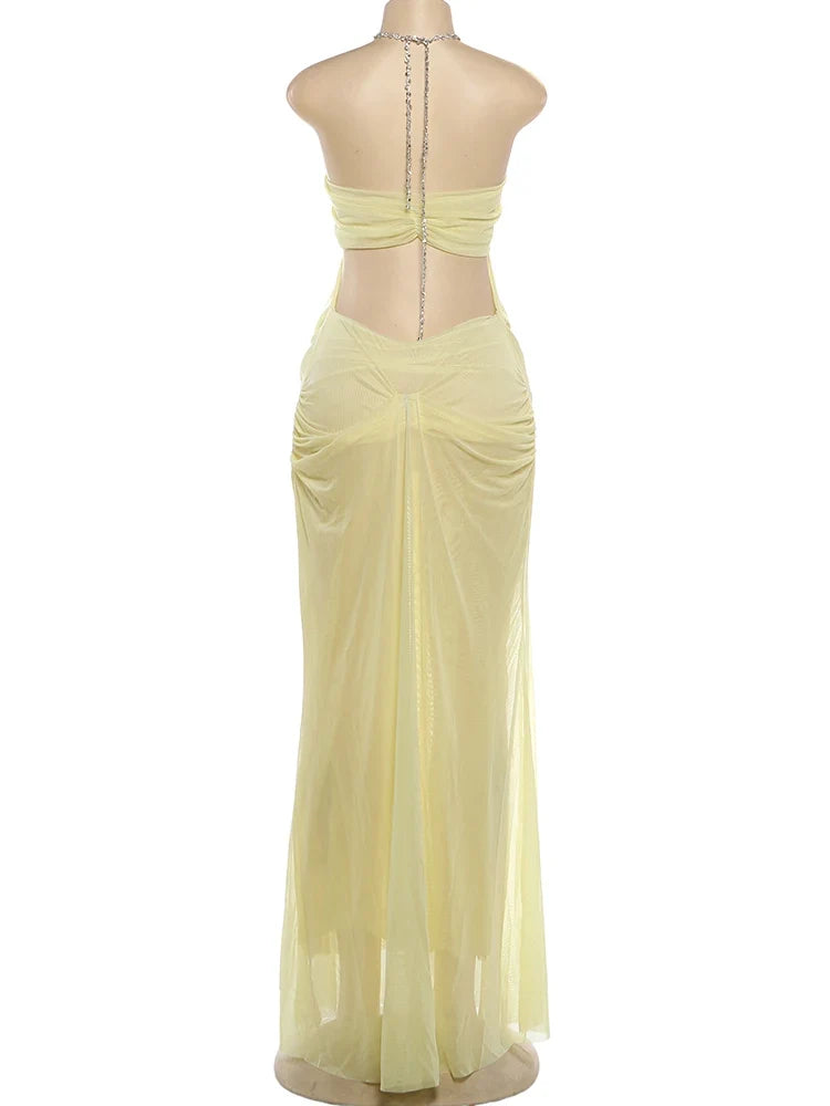 Prom Party Gown Dress Woman Sexy See Through Luxury Chain Halter Low-Neck Backless Sleeveless Midnight Elegant Vestidos