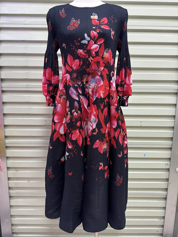 Miyake Pleated Dresses 2026 Autumn New Gentle French Print Elegant Stretch Plus Size Women's Long Sleeve Bounce Flower Bud Dress