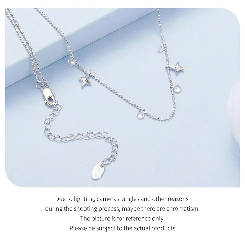 Genuine 925 Sterling Silver Dainty Starry Sky Tassel Necklace for Women, Cute Star Necklaces Christmas Jewel BSN414