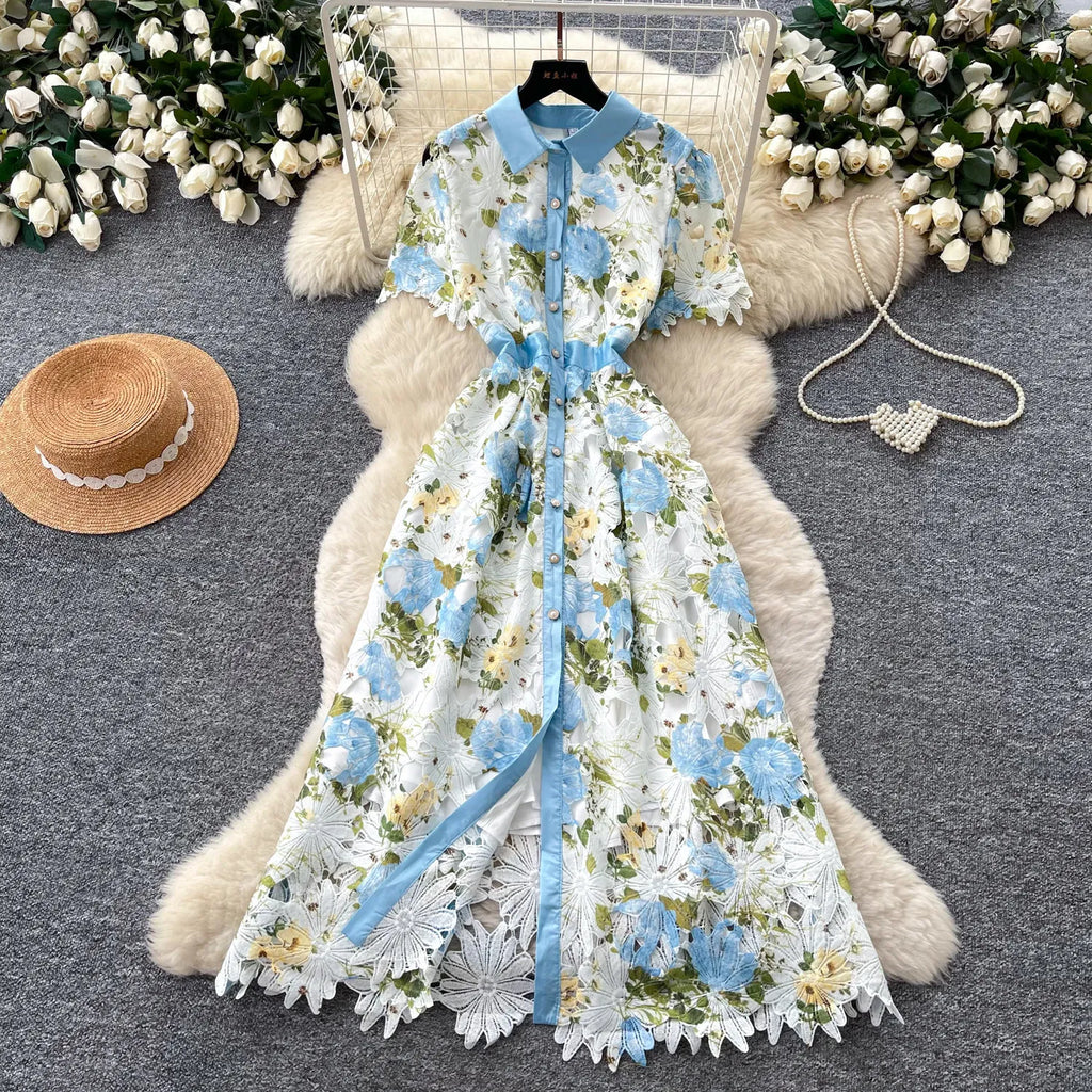 Embroidery Flower Vacation Dress French Style Blet Lapel Slim High Quality Hollow Out Ladies Elegant A-line Long Dress