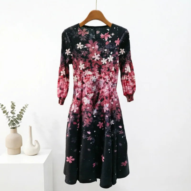 Miyake Pleated Dresses 2026 Autumn New Gentle French Print Elegant Stretch Plus Size Women's Long Sleeve Bounce Flower Bud Dress
