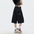 American High Street Fashion Loose Denim Shorts Retro Wide Leg Crop Pants Women Y2k High Waisted Embroidery Casual Mid Trouser