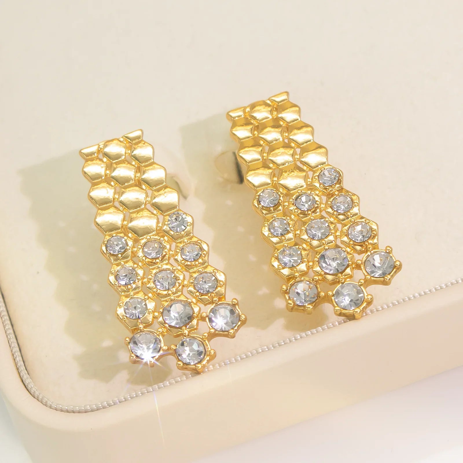 Shiny White Zircon Jewelry Set Italy Nigeria Wedding Jewellery 18K Gold Plated Big Necklace Bracelet Long Drop Earring