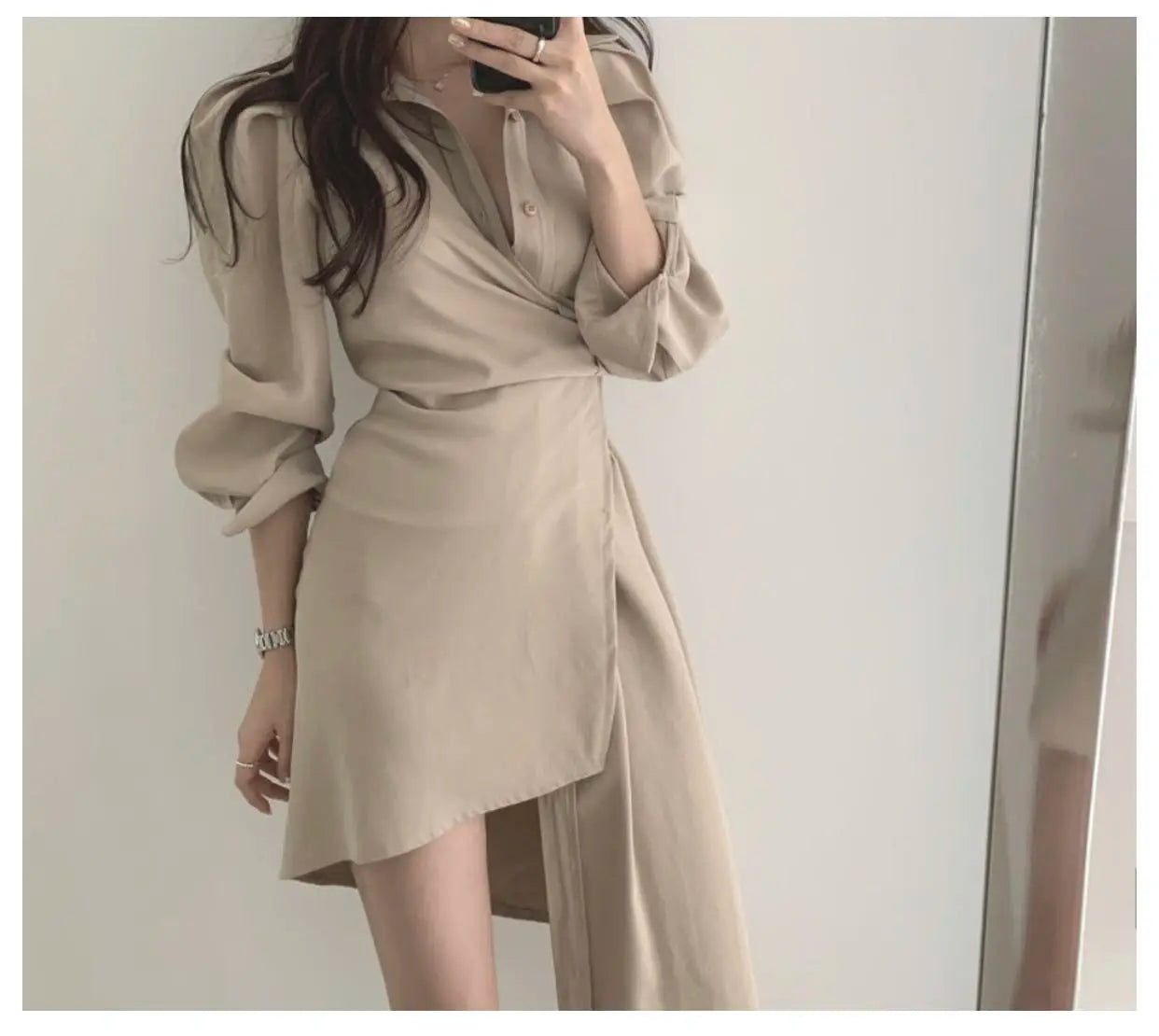 Early Autumn Shirt Dress Women's Mid-Length Asymmetrical Single-Button Notch Collar Slimming Style Commute Fashion