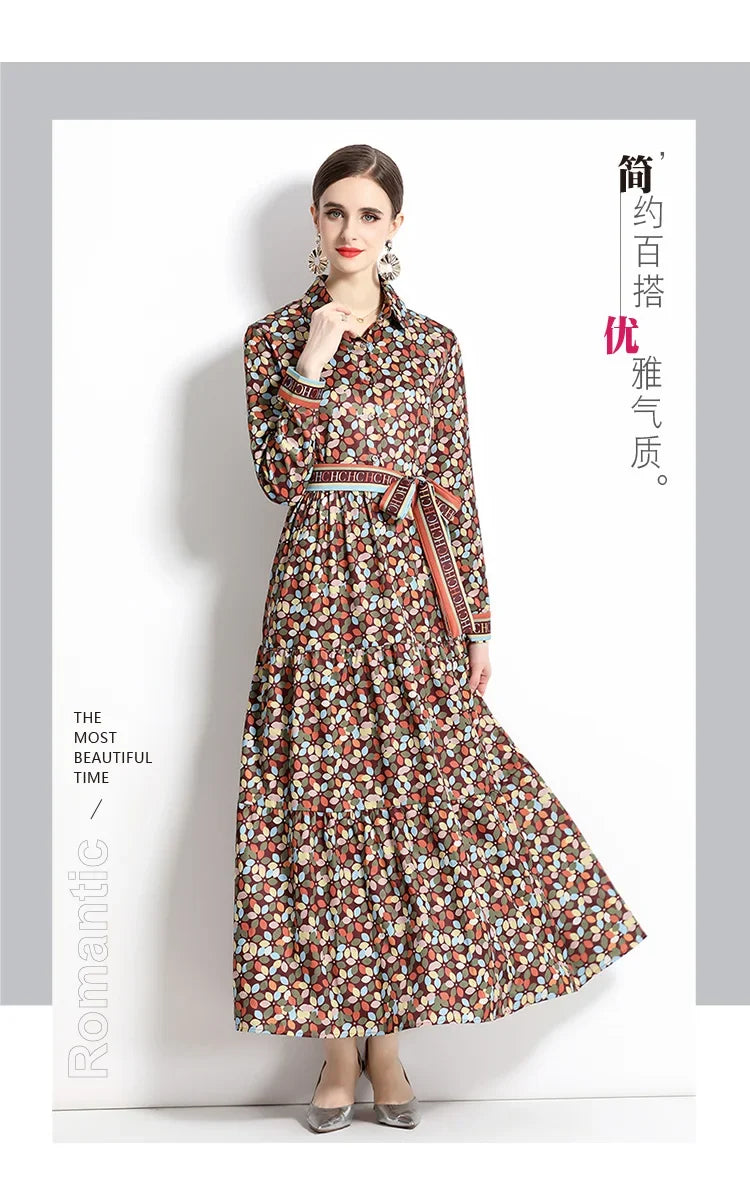 2024 Autumn New Women's European and American Versatile Waist and Slimming Letter Positioning Printed Dress A-line Long Dress