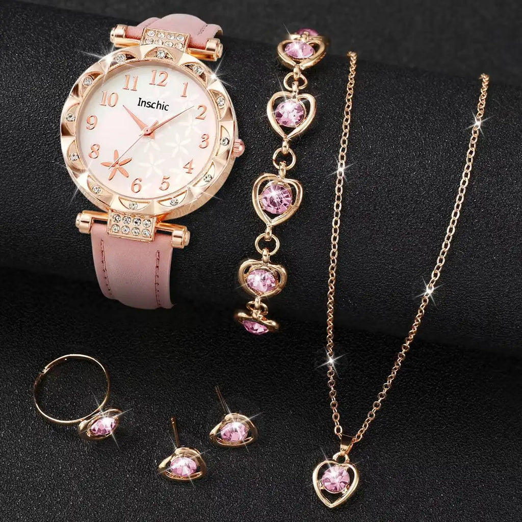 6PCS/Set Fashion Flowers Dial Women's Quartz Watch Leather Band Watches Rhinestone Jewelry Set（Without Box）
