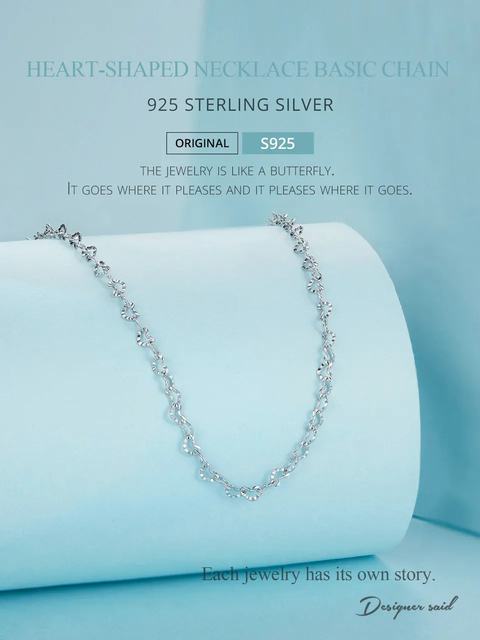 Real 925 Sterling Silver Trendy Heart-Shaped Basic Chain Link Lobster Clasp Adjustable Necklace for Women