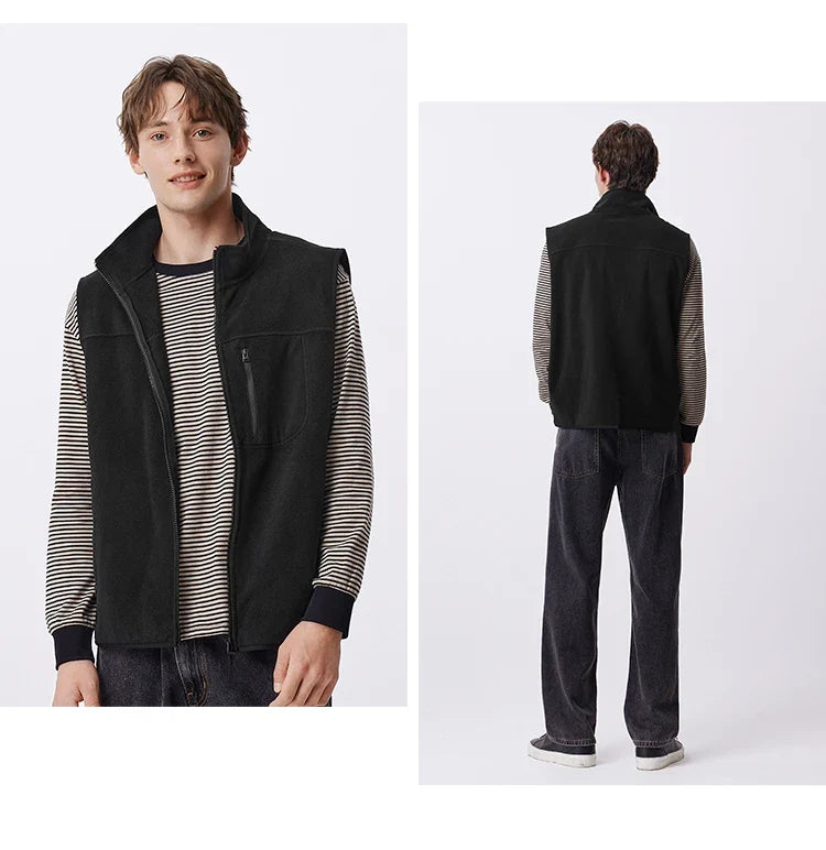 Vest Men Anti-Static Fleece Coat New Autumn 2024 Warm Collar Lining Solid Color Versatile Top