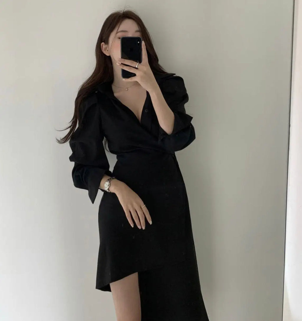 Early Autumn Shirt Dress Women's Mid-Length Asymmetrical Single-Button Notch Collar Slimming Style Commute Fashion