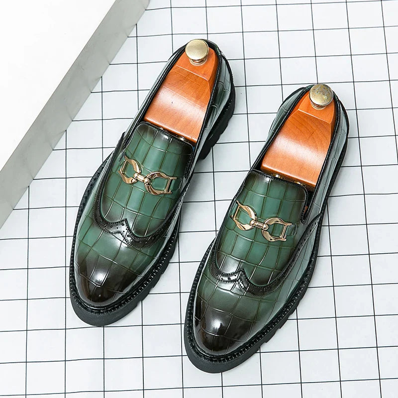 Trendy Brand Green Brogue Shoes Men's Leather Business Shoes Groom's Wedding Men's Loafers British Style Dress Shoes Men