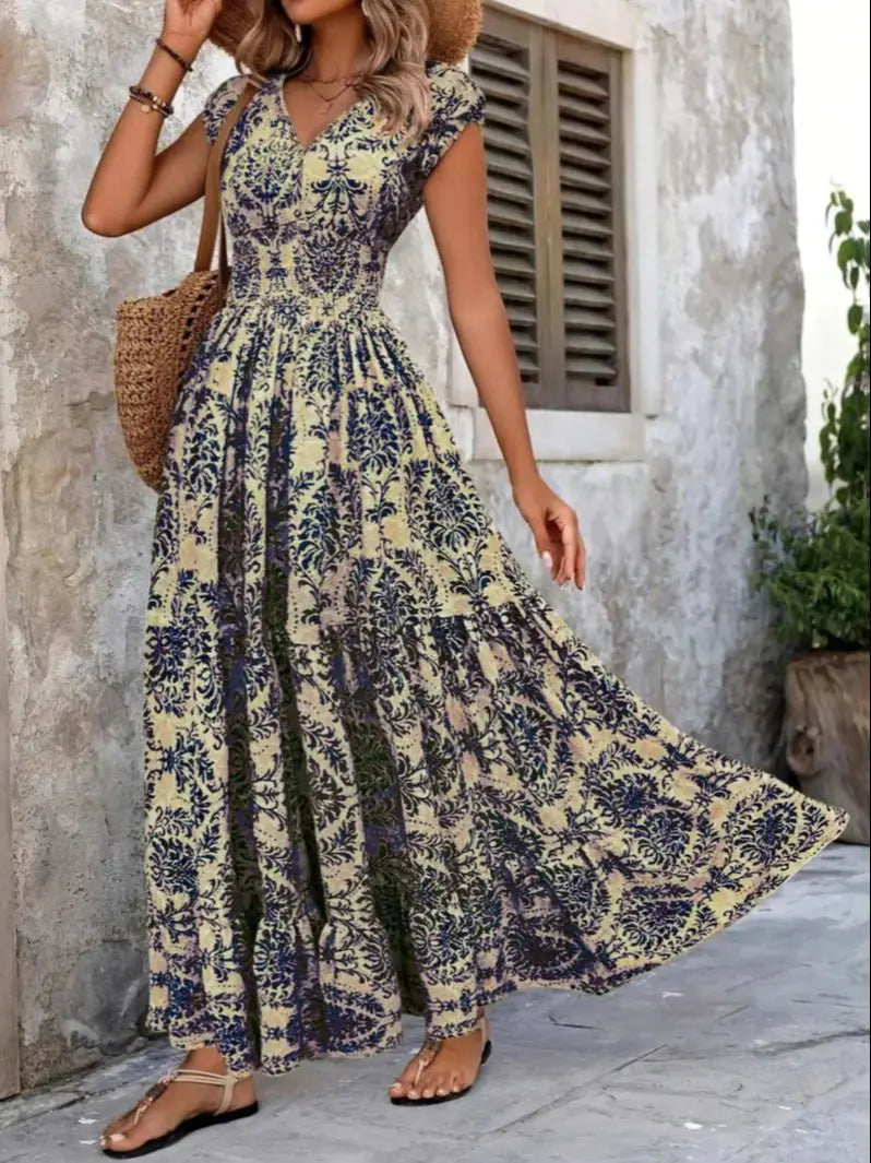 2026 Vintage Printed Dress Fashionable and Elegant V-Neck Short-Sleeved Jumpsuit Long Skirt Women's Clothing