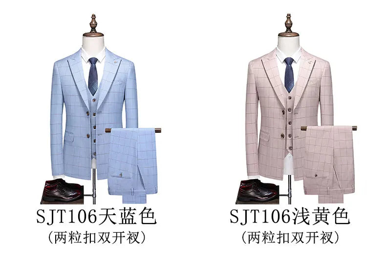 ( Jacket + Vest + Pants ) Fashion Boutique Plaid Mens Casual Business Suit Groom Wedding Dress Formal Slim Plaid Suit