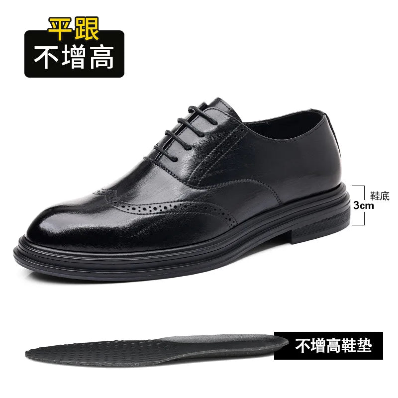 Spring Summer Hallow Leather Shoes for Men 3 6 8cm Increase Fashion Dress Shoes Male Black Business Casual Shoes Man
