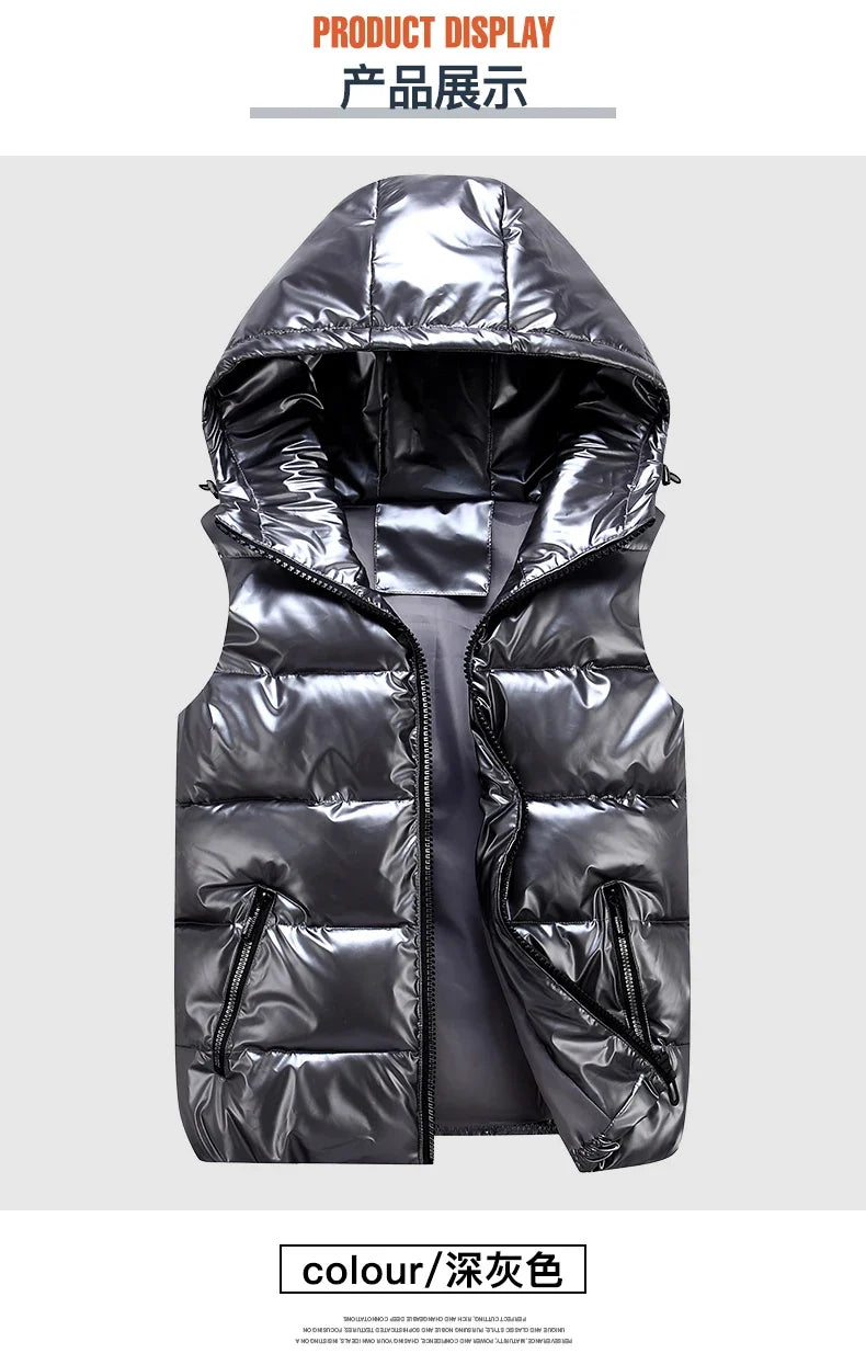 Classic Hooded Vest Man/Woman/Child Winter Hooded Glossy Cotton Vest Casual Waistcoat Men's Sleeveless Jacket Warm Overcoats Hat
