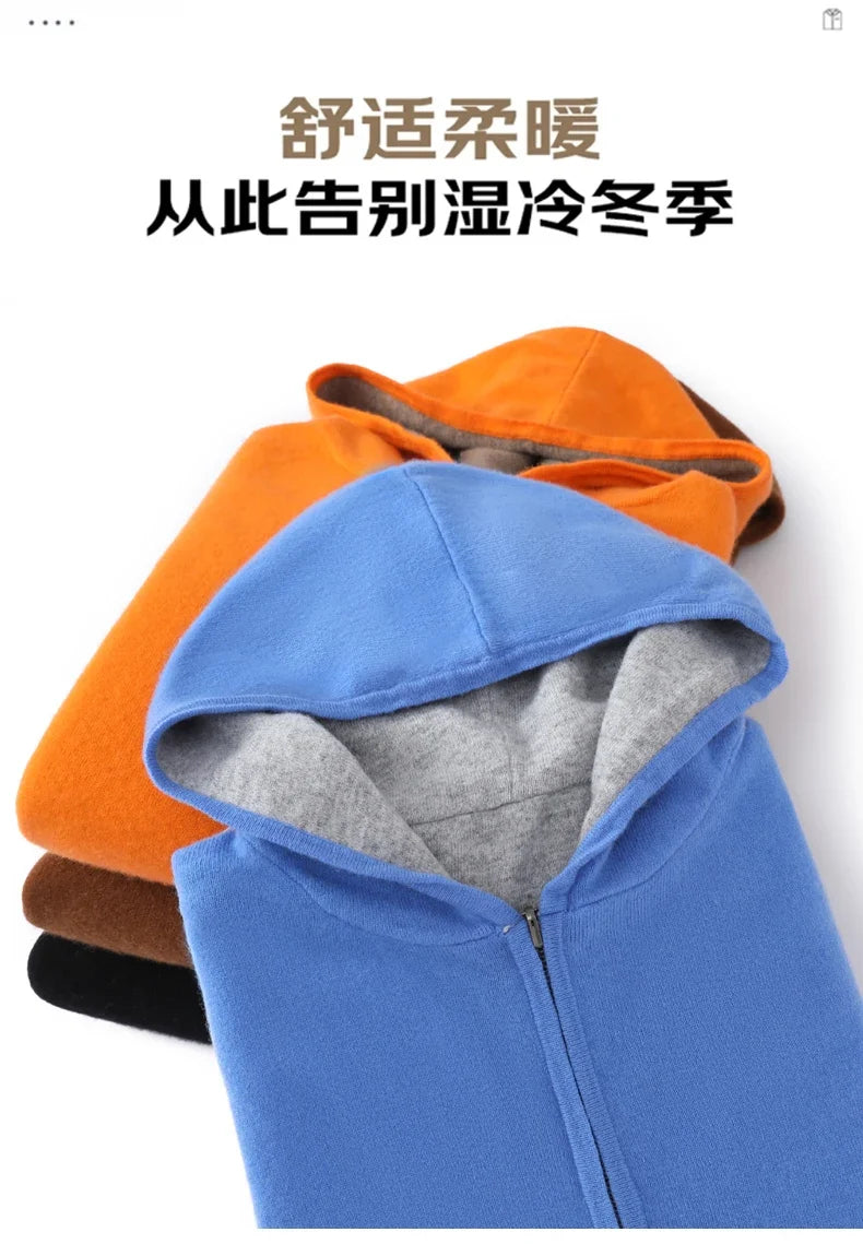 Double-Sided Hooded Zippered Men's Cashmere Cardigan Autumn and Winter Contrasting Color Thickened Loose Casual Knitted Sweater
