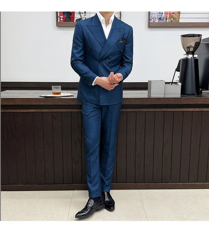 Men Vintage Luxury Double Breasted Slim Fit Lapel Evening Gown ltalian Style Fashion High-end Groom Wedding Party Tuxedo 2 Piece