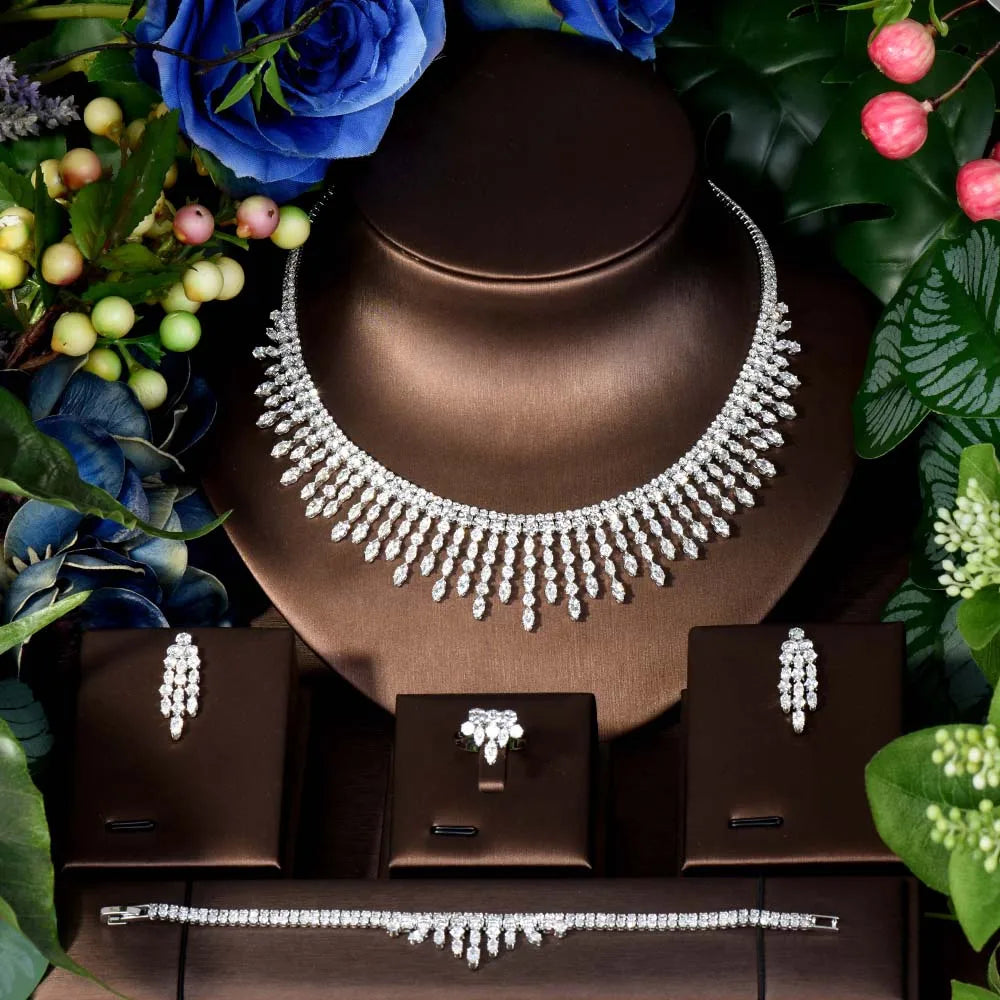 Gorgeous Niche Tassel Accessories Necklace Earrings Bridal Wedding Party AAA Zirconia Set 4 Pcs Evening Gift S-316