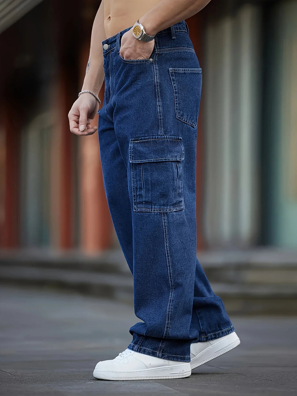 Men's Deep Blue Washed Denim Workwear Jeans Casual Multiple Pockets Design Loose Wide Leg Trousers Y2K Style Cargo Pants