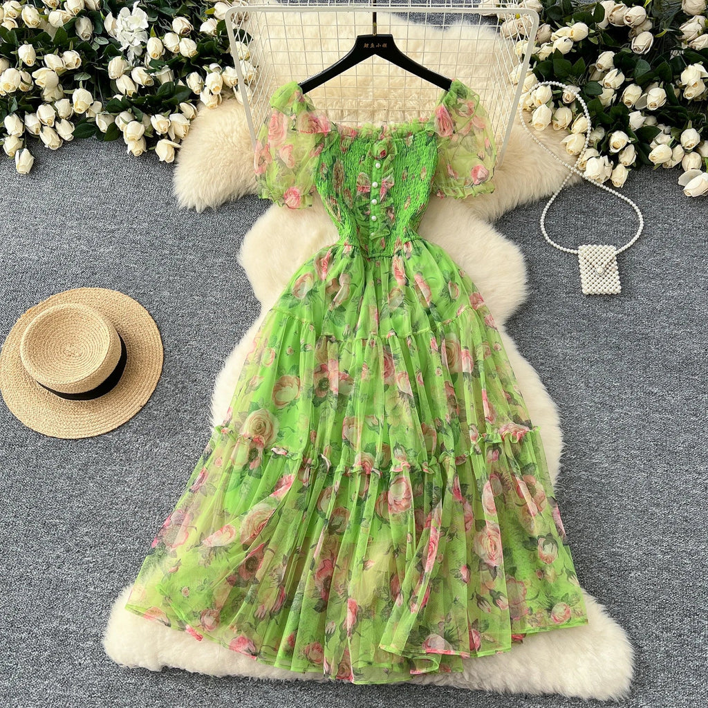 Retro Floral Chiffon Dr Women's Waist Cinched Bubble Sve Me Skirt Tea Break Gentle Soft Sle Korean High Waist A-Lin...