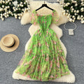 Retro Floral Chiffon Dr Women's Waist Cinched Bubble Sve Me Skirt Tea Break Gentle Soft Sle Korean High Waist A-Lin...