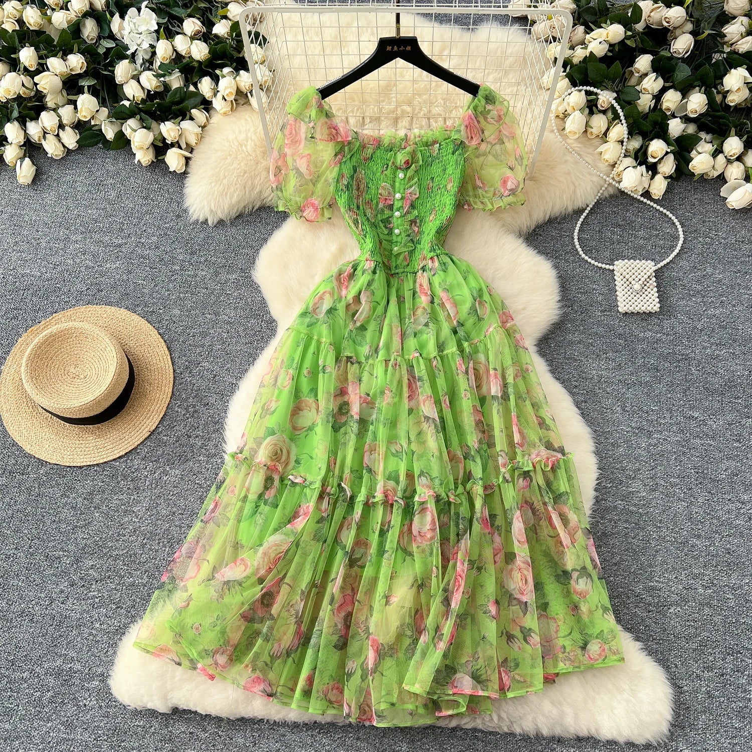 Retro Floral Chiffon Dr Women's Waist Cinched Bubble Sve Me Skirt Tea Break Gentle Soft Sle Korean High Waist A-Lin...