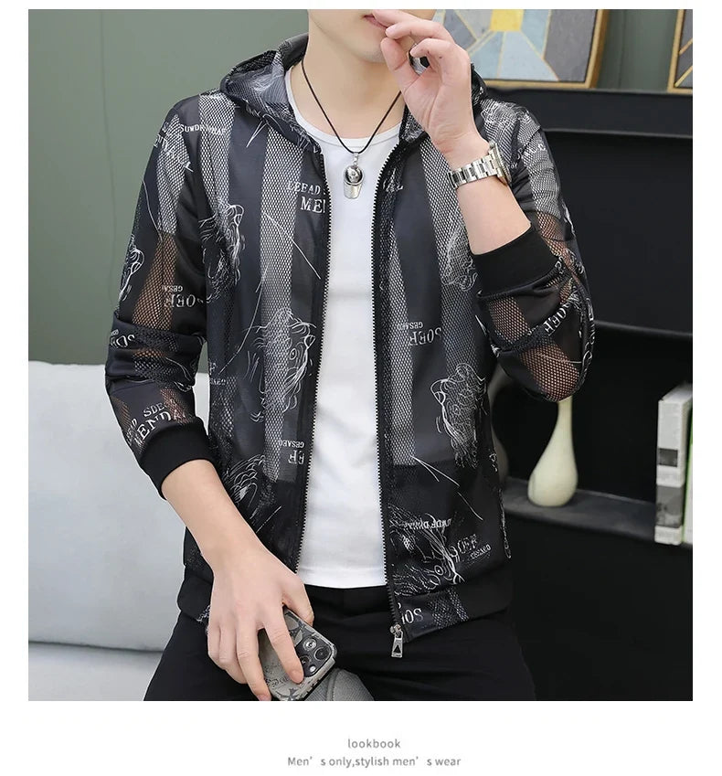 Men's Summer Mesh Sun Protection Clothing Trendy Stripe Print Ice Silk Cool Feeling Breathable Quick Dry Hooded Jacket