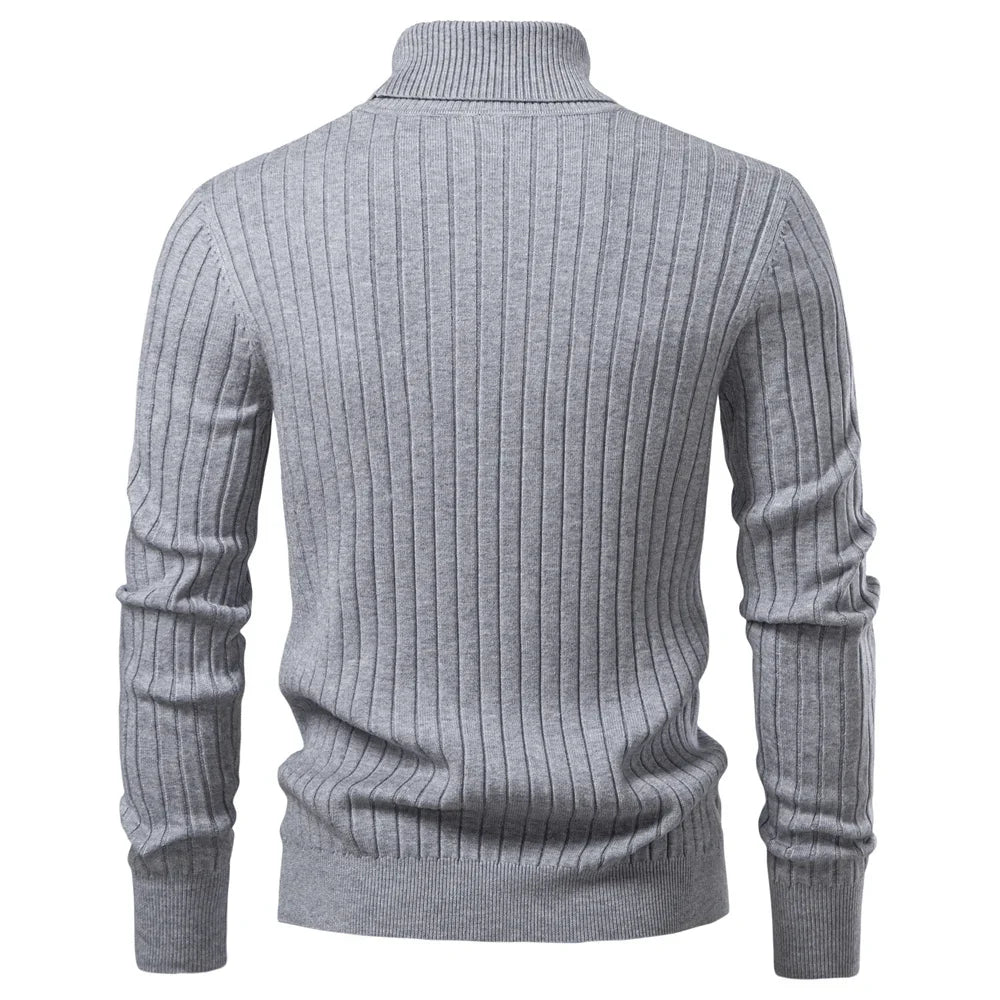 Men's Turtleneck Sweater Solid Color with Striped Pullover Warm Knitwear Winter Basic Casual High Quality Sweater Male