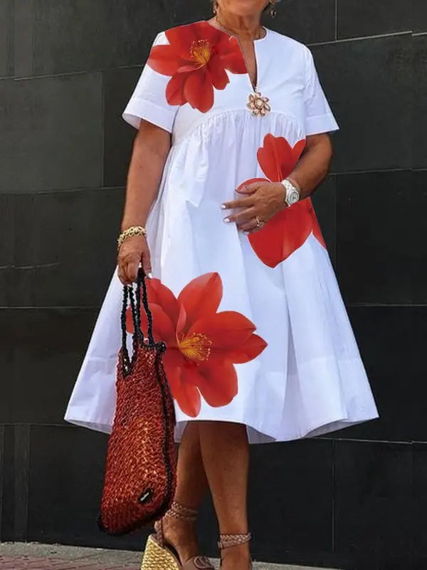 Modigirl Women's Summer New Dress 2025 V-Neck Pleated Short Sleeves White Loose Flower Print Casual Midi Dresses for Woman