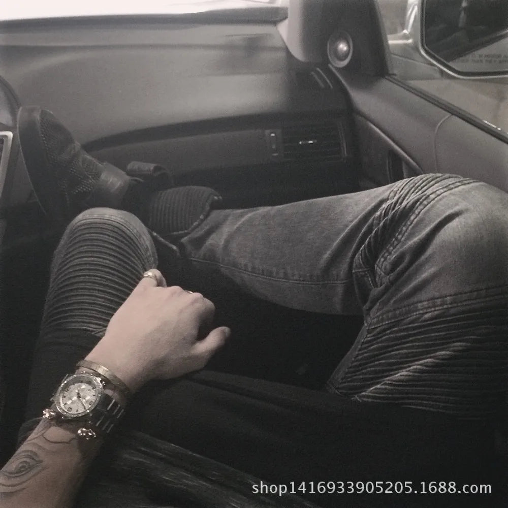 Streetwear Men Skinny Biker Jeans homme Men's fashion Motorcycle Moto Hip hop Denim Pants Joggers Runway men's Elastic JEANS
