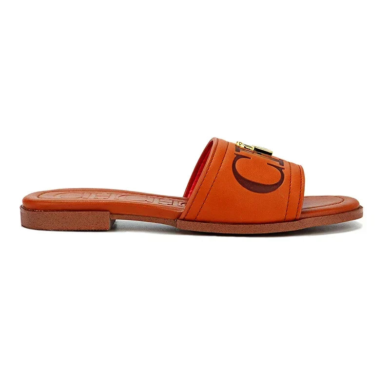 Fashion Monogram Print Elegant Design Women's Low Heeled Slippers Solid Color High Quality Metal Lock Simple Single Shoes
