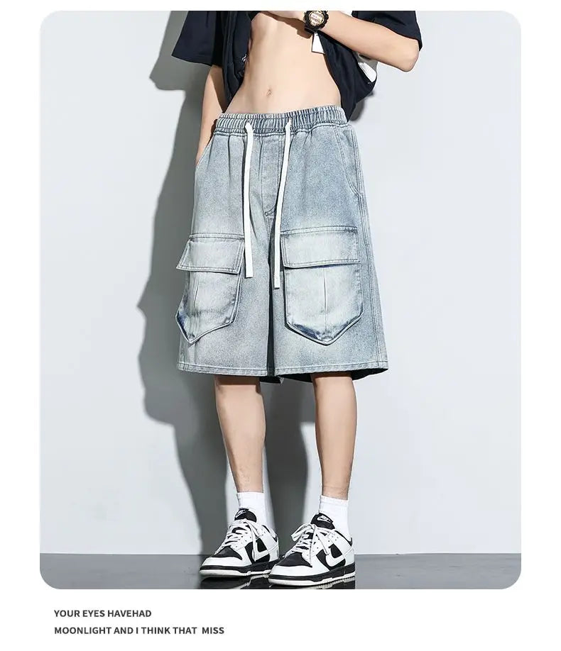 Bermuda Men's Denim Shorts Summer New Fashion Loose Jeans Casual Vintage Drawstring Cargo Short Pants Male Streetwear
