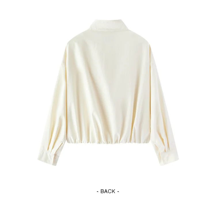 Women Jacket Solid Stand Collar Bubble Hem Oversize Dropped Shoulder Casual Style Autumn Outerwear Daily Wear 2026