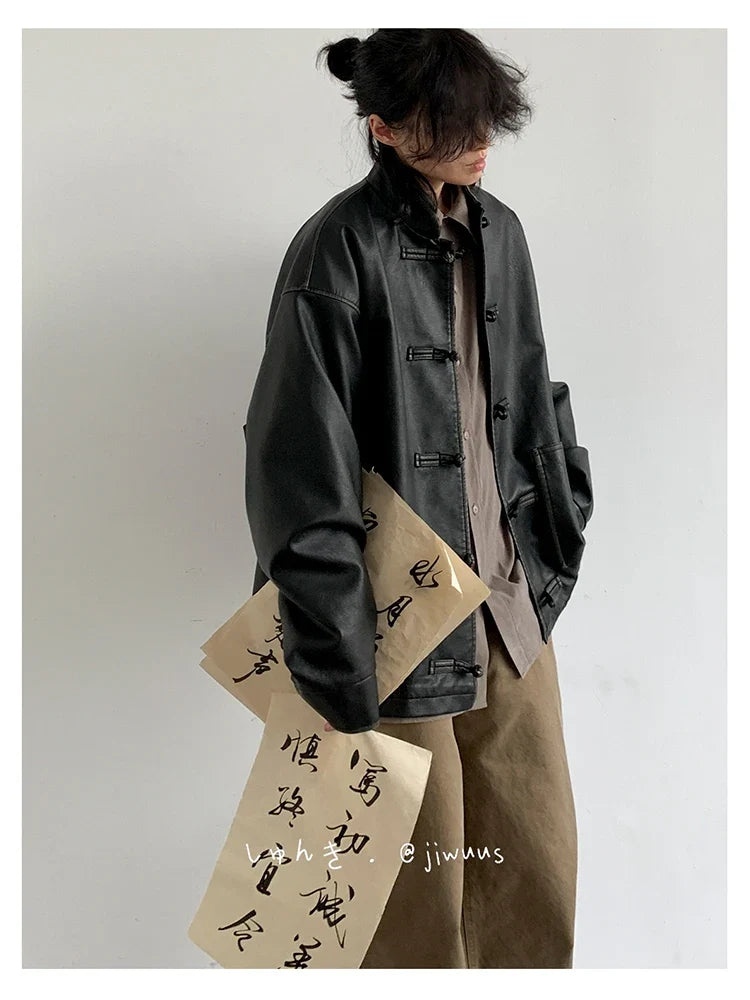 Spring Cool Oversized Vintage Distressed Pu Leather Jacket Men Elegant Luxury Designer Chinese Style Clothes 2024
