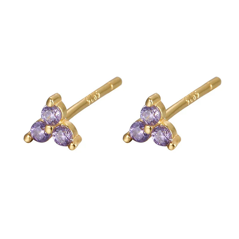 925 Sterling Silver Romantic Color Zircon Three-petal Flower Stud Earrings for Women Fashion Huggies Piercing Jewelry