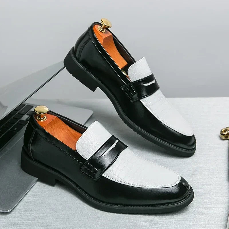 Fashion Color Mixed Mens Party Loafers Black White Business Leather Shoes Luxury Goods Summer New Coffee White Slip-On Shoes