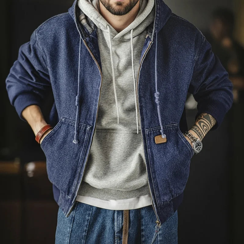 Retro Men's J130 10.5oz Denim Jacket Heavyweight Washed Aged Hooded Jacket Zipper Work Coat with Large Pockets for Fall