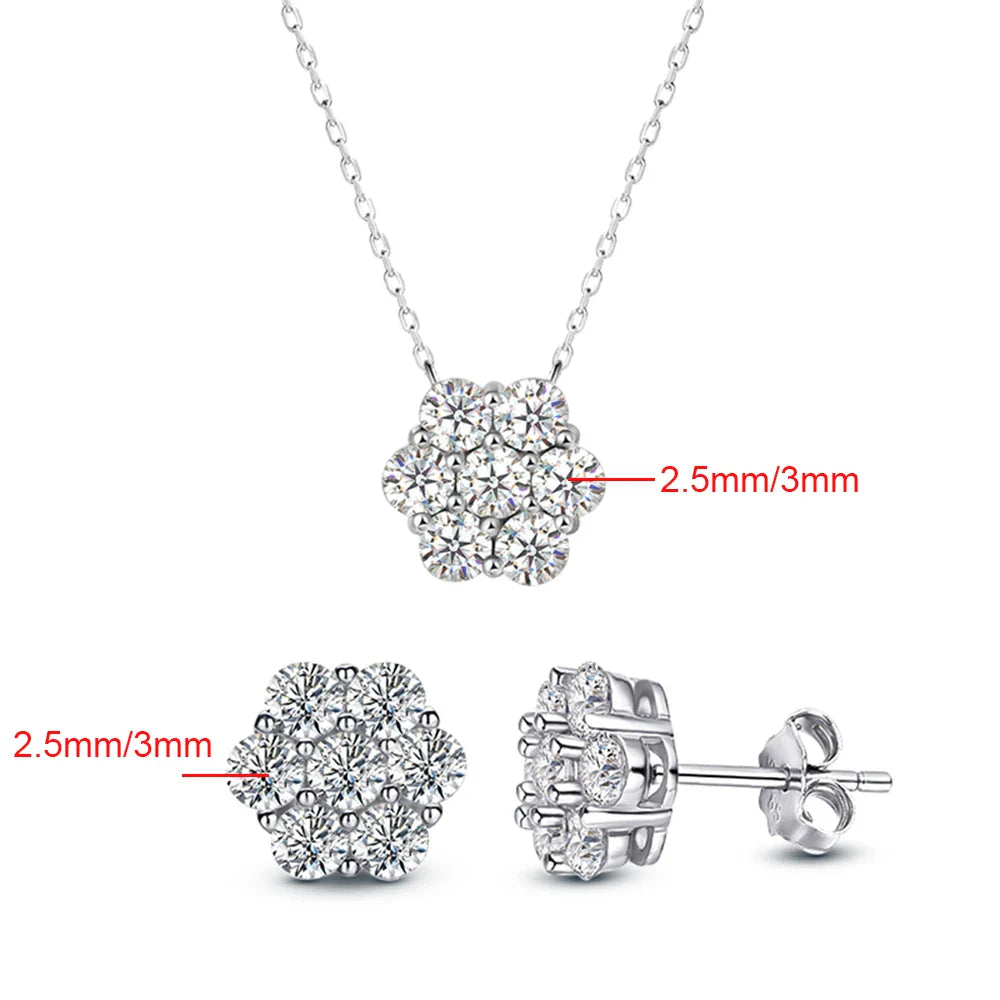 Real D Color Flower Full Moissanite Jewelry Sets for Women 925 Sterling Silver Diamond Pendant Necklace Stud Earrings Jewelry