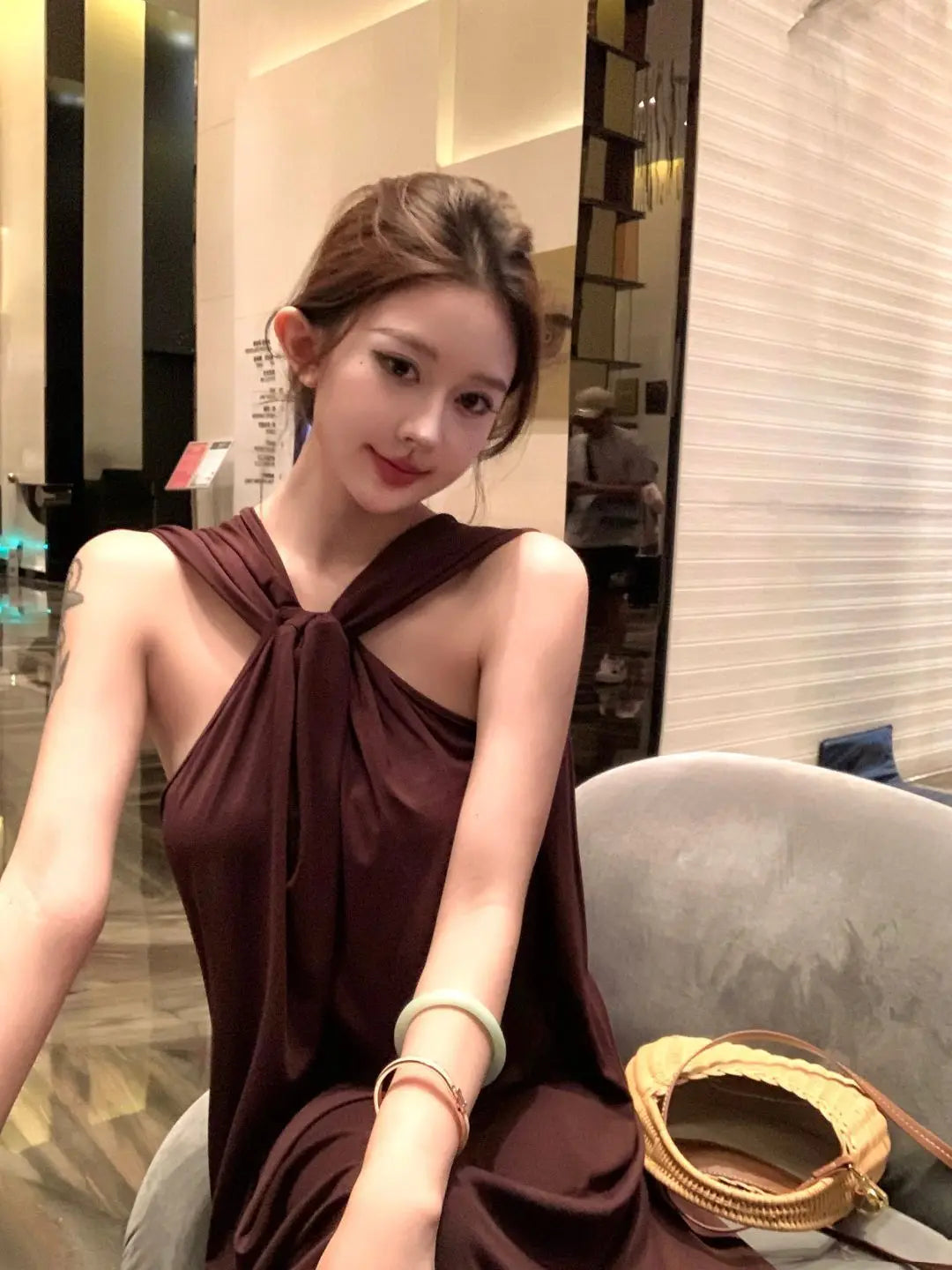 French Temperament Coffee Color Sleeveless Hanging Neck Dress For Women In The Summer Of 2026, New Slim And Flowing Long Dress