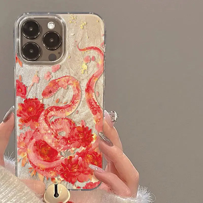 Illustration Plum Blossom Pink Snake Phone Case For iPhone 16 Pro Max 15 14 Plus 13 12 11 XS X XR 7 8 16 Plus SE 2022 16E Cover