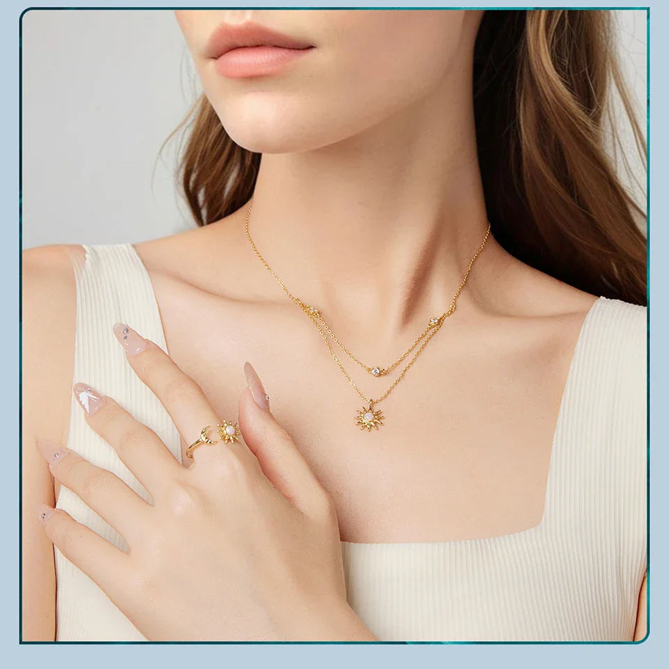 925 Sterling Silver Pink Opal Sun Double-layer Necklace Link Chain with Zircons 18K Gold Plated Pendant for Mother's Gift
