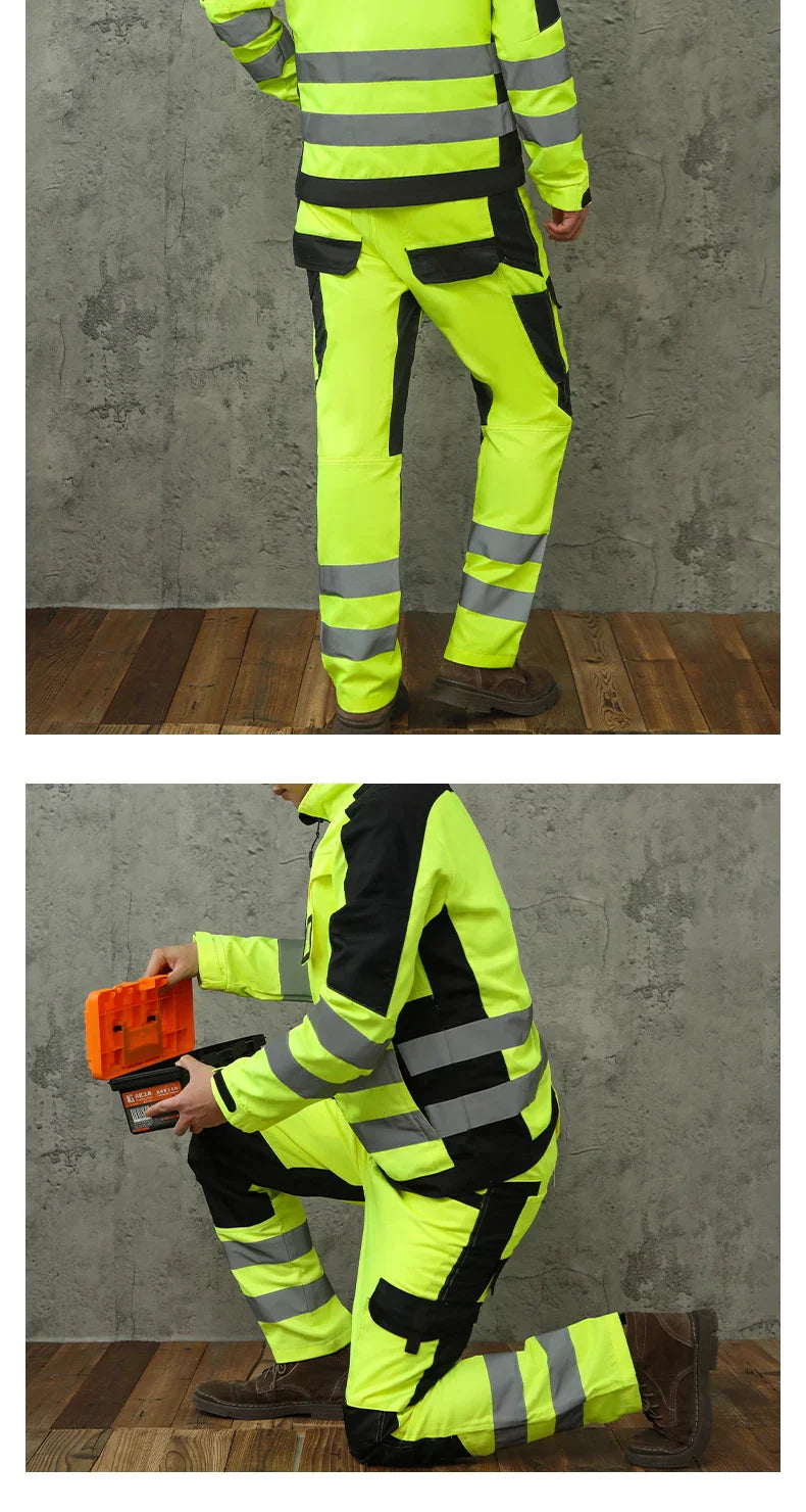 Men's Workwear Suit Work Suit Fluorescent Yellow Work Jacket and Pants Set with Multi Pockets Work Wear