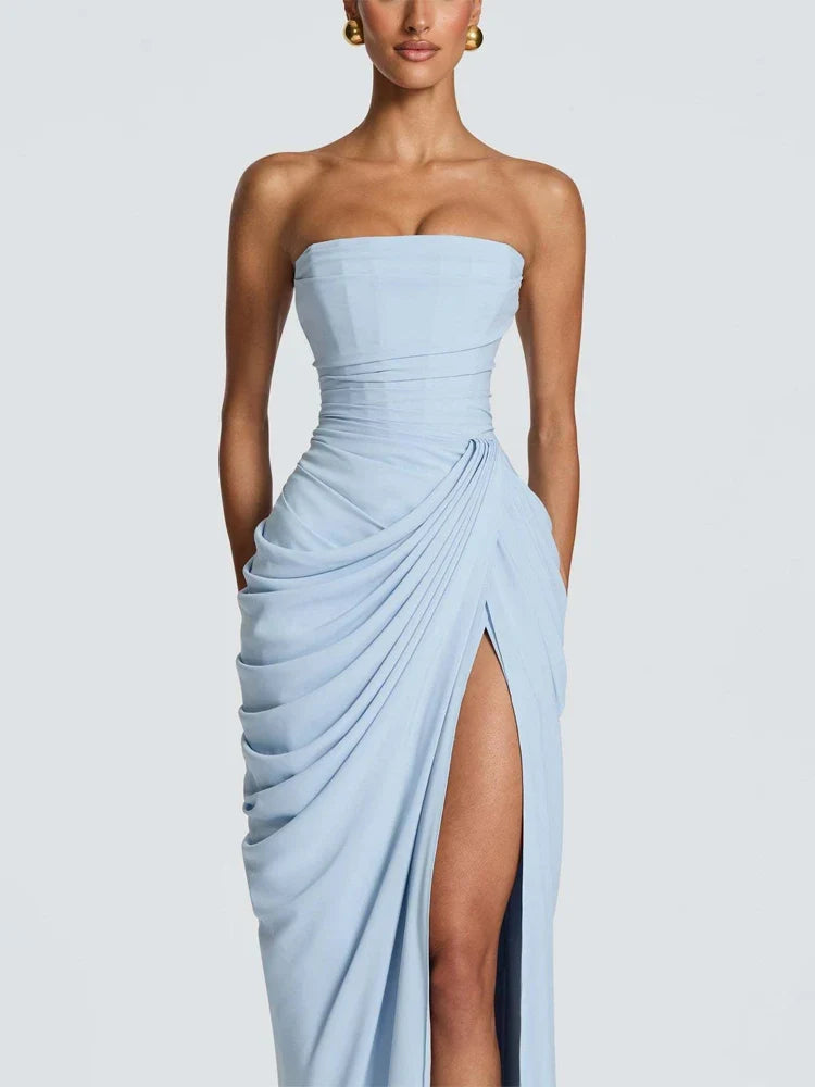 Elegant Solid Pleated Strapless Maxi Dress Yellow Off-shoulder Backless High Waist Split Robe 2026 New Lady Evening Party Gown