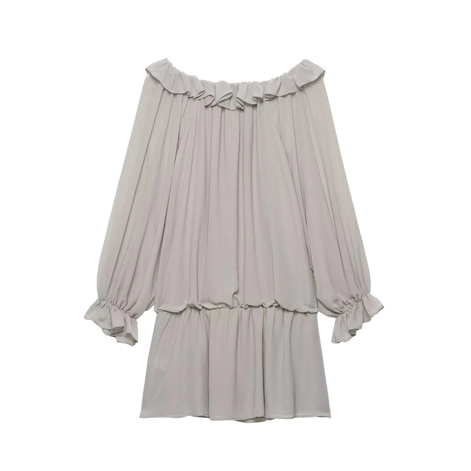 Elegant Summer Women’s Off-Shoulder Sequin Georgette Dress 2026 Female Ruffled Neckline Tiered Long Sleeve Mini Dress