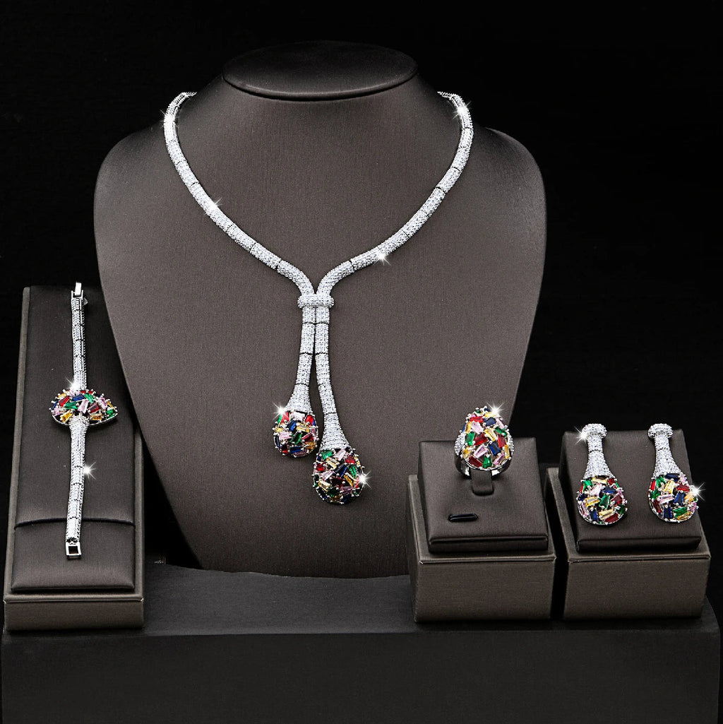 Luxury Bridal Jewelry Set Nigeria Design Cubic Zirconia Large Necklace Earrings Women's Wedding Accessory