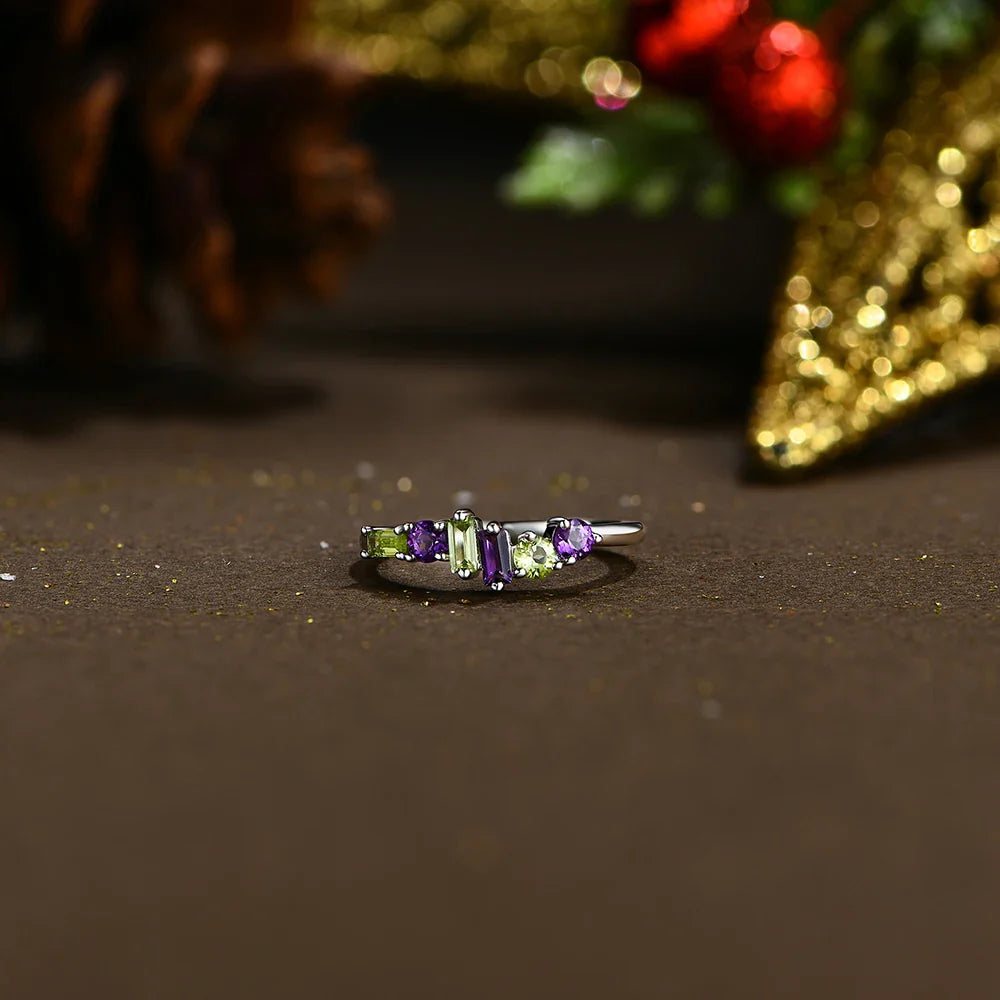 Minimalist Natural Amethyst Peridot Ring 925 Sterling Silver for Women Men Fine Wedding Party Wear Jewelry Gifts