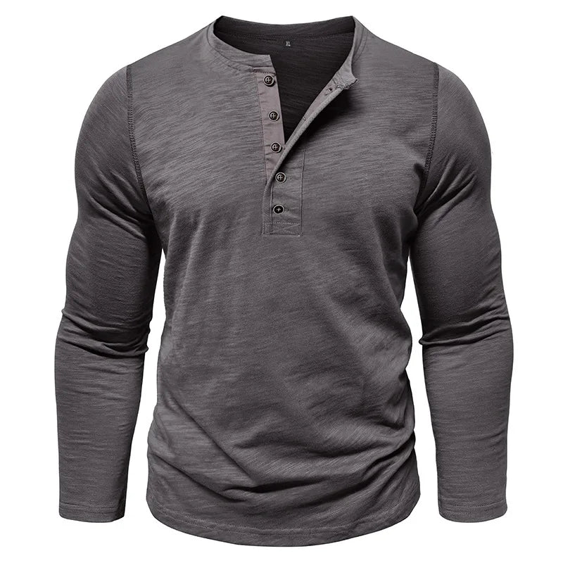 New Autumn Long Sleeve T-Shirt Mens Casual Solid Color Top Henley Neck Slim Versatile Work T-shirt Breathable Outdoor Thin Tee