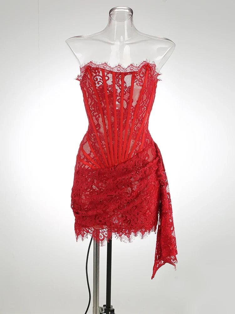 VC Christmas Dress For Women Red Lace Sexy Strapless Sleeveless Slim Supper Short Dress With Lace-Up