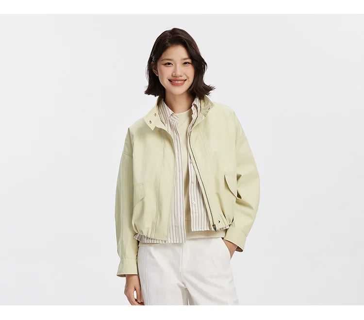 Women Jacket Solid Stand Collar Bubble Hem Oversize Dropped Shoulder Casual Style Autumn Outerwear Daily Wear 2026